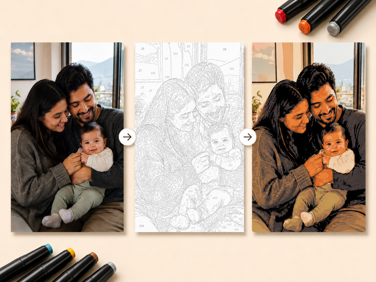 Ejemplo de foto convertida en lámina numerada y resultado final Paint by Number personalizado